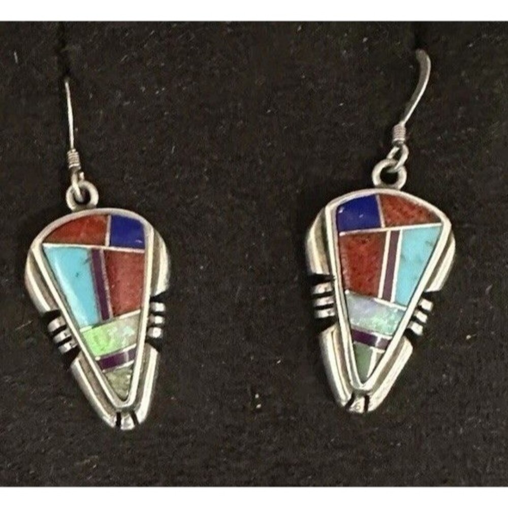 NAVAJO Sterling Silver Colorful Turquoise Coral Lapis Multi-stone 925 Earrings
